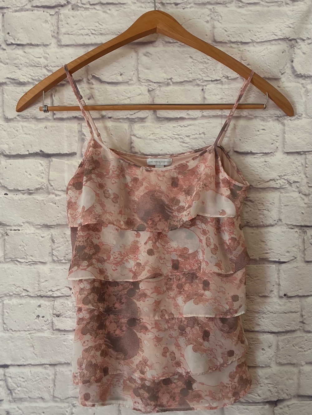 New York & Company Floral Ruffled Spaghetti Strap Tank Top - Pink - Medium
